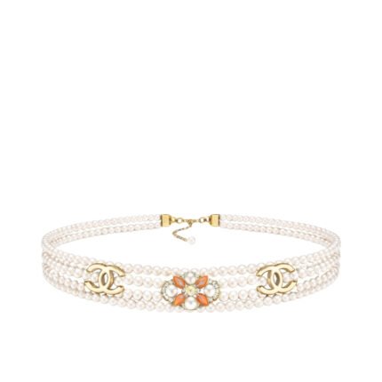 Chanel Double Strand Pearl Belt with Coral Floral Charm