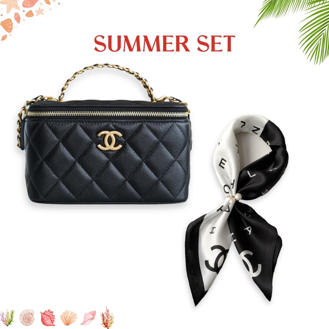 101-2-5 Summer Set: Chanel Small Vanity Case Ss22 Black And Multi Letters Square Silk Scarf Black White - Image 1