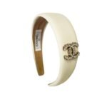 Chanel Cc Leather Headband With Gold Hardware In White