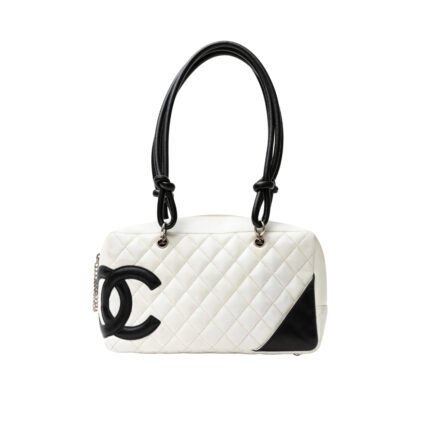 Chanel Cambon Bowler Bag Quilted Leather White And Black 26Cm