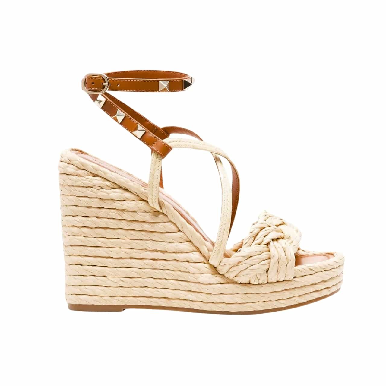 124-8 Valentino Garavani Woven Raffia Wedge Espadrilles Beige - Image 1