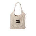 Miumiu Raffia Effect Yarn And Cotton Tote Bag Chalk White And Black 36Cm 5Bg231 2Cqy F0N13 V Mro