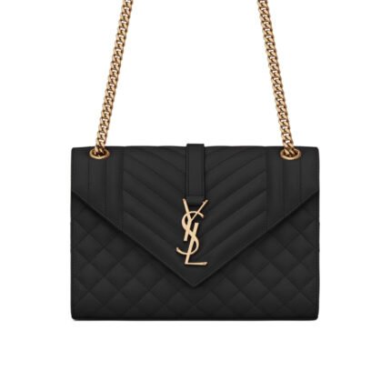 Saint Laurent Envelope Medium In Quilted Grain De Poudre Embossed Leather Black Gold 24Cm 600185Bow911000
