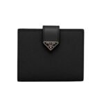 Prada Saffiano Leather Vertical Short Wallet Flap Triangle Logo Black 10Cm