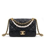 Chanel Mini Flap Bag Shiny Imitation Pearls And Gold Tone Metal Black 17Cm