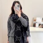 Gucci Gg Cashmere Lamé Jacquard Scarf Dark Gray And Black 180Cm 674275 4Gabx 1360 - Image 6