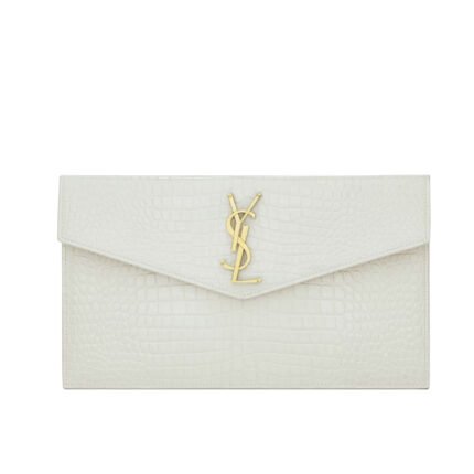 Saint Laurent Uptown Pouch In Crocodile Embossed Shiny Leather White 27Cm 565739Dnd0J9207