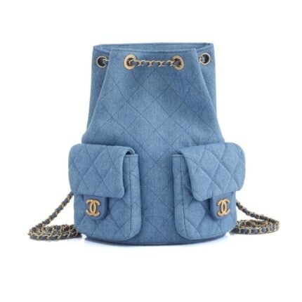 Chanel 25C Gold Tone Metal Denim Backpack Blue 24Cm