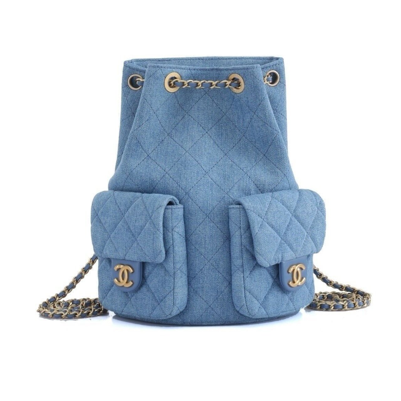 341-2-1 Chanel 25C Gold Tone Metal Denim Backpack Blue 24Cm - Image 1