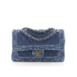 Chanel Classic Double Flap Bag Quilted Printed Denim Medium Blue 25Cm