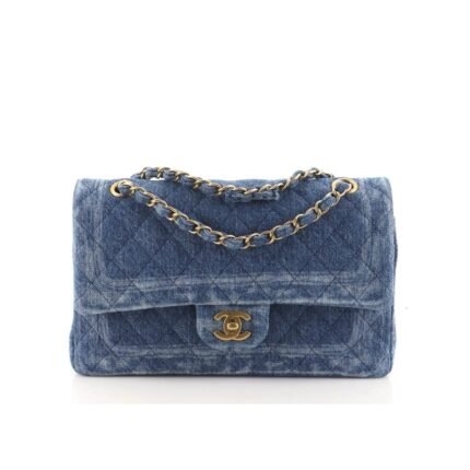 Chanel Classic Double Flap Bag Quilted Printed Denim Medium Blue 25Cm