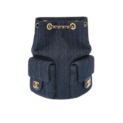 Chanel 25C Gold Tone Metal Denim Backpack Navy Blue 24Cm