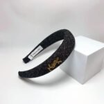 Saint Laurent Ysl Tweed Headband With Gold Hardware In Dark Grey - Image 2