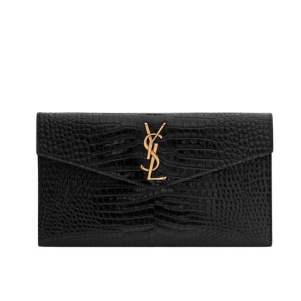 Saint Laurent Uptown Pouch In Crocodile Embossed Shiny Leather Gold Black 27Cm 565739Dnd0J1000