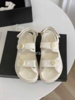 Chanel Cc Button Velcro White Sandals Grained Calfskin Leather - Image 2
