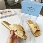 Prada Raffia Crisscross Slides Natural - Image 6