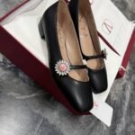 Valentino Mary Jane Preshoes Ballerina In Kidskin With Jewel Button Black 6W2S0Ll7Dhs 9Tj - Image 4
