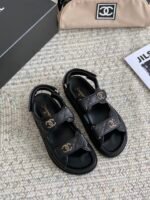 Chanel Cc Button Velcro Black Sandals Grained Calfskin Leather - Image 2