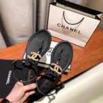 Chanel Gold Pearl Cc Logo Thong Sandals Black - Image 3
