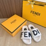 Fendi Fleece Black Text Slippers White - Image 4