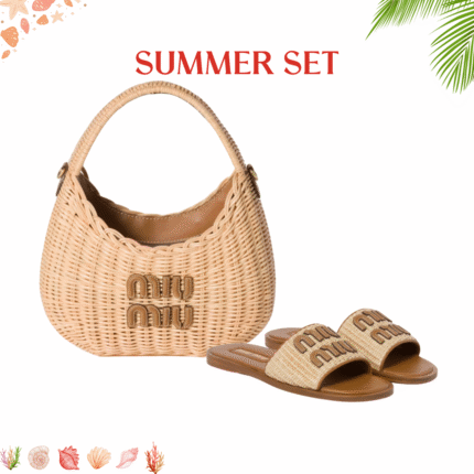 Summer Set: Miumiu Wander Wicker Hobo Bag Tan And Caramel 13Cm And Miumiu Raffia Effect Woven Fabric Slides Natural