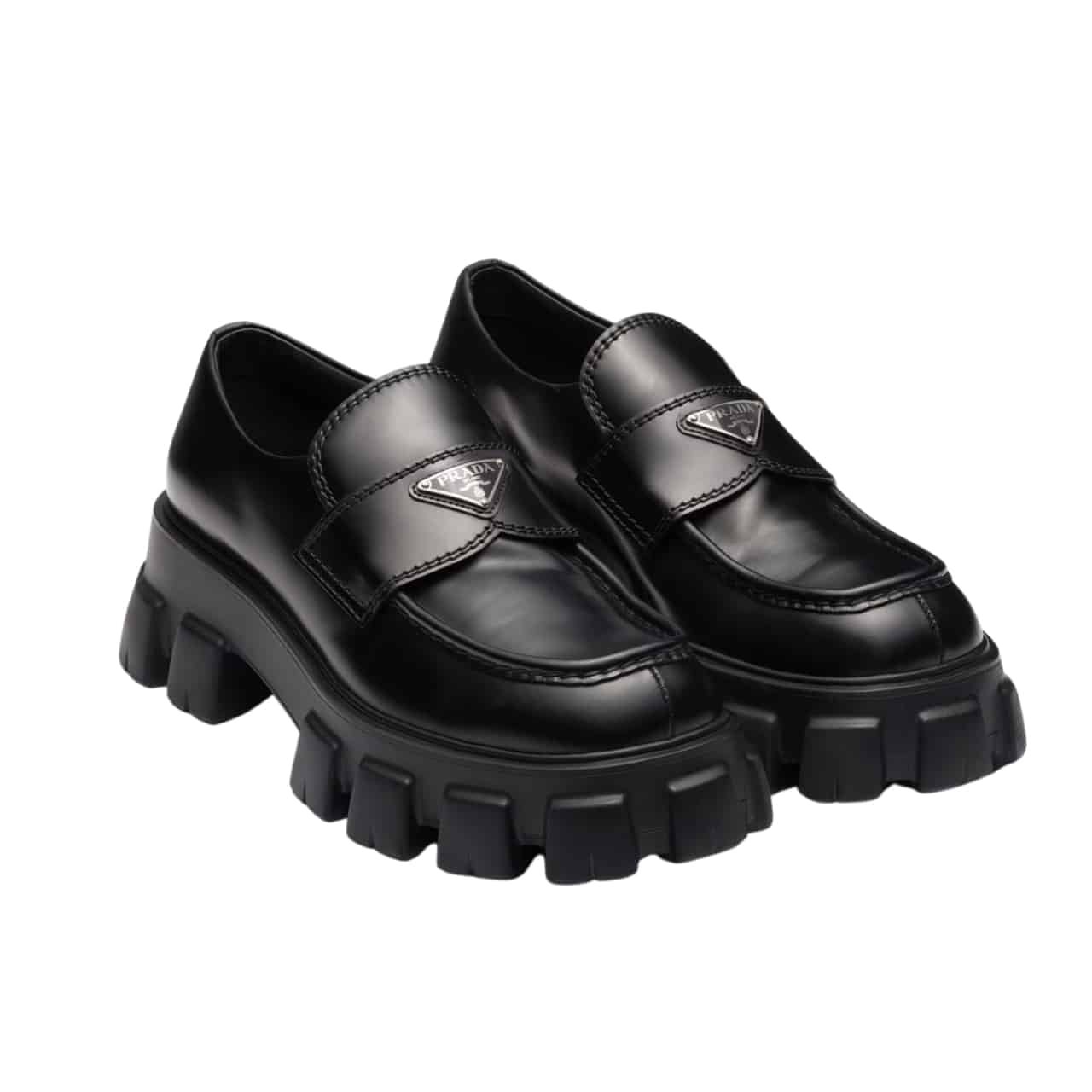 77-4 Prada Monolith Brushed Leather Loafers Black 2De129 B4L F0002 - Image 1