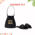Summer Set: Miumiu Woven Fabric Mini Bag Black 22Cm And Raffia Effect Woven Fabric Slides Black