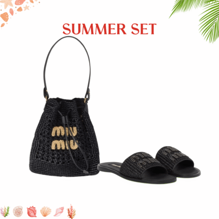 Summer Set: Miumiu Woven Fabric Mini Bag Black 22Cm And Raffia Effect Woven Fabric Slides Black
