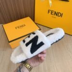 Fendi Fleece Black Text Slippers White - Image 3