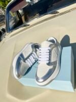 Prada District Leather Sneakers White Sliver 1E790M 3Lj6 F0J36 - Image 4