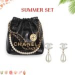 Summer Set: Chanel 22 Mini Handbag Crystal Pearls Black And Cc Pearl Drop Earrings