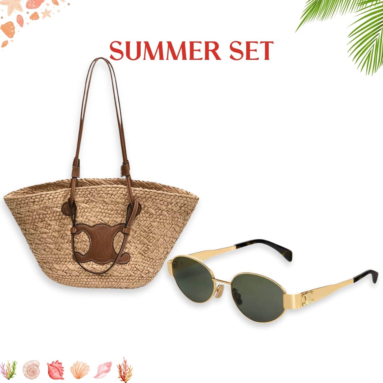 96-1-5 Summer Set: Celine Triomphe Panier In Raffia And Calfskin Tan And Sunglasses Metal Ovale Gold - Image 1
