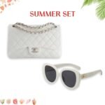 Summer Set: Chanel Classic Double Flap Bag White Silver Hardware And Square Sunglasses Tweed Accent In White