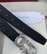 Salvatore Ferragamo Gancini Black Leather Belt With Silver Metal Buckle - Image 2