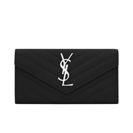 Saint Laurent Cassandre Matelassé Large Flap Wallet In Grain De Poudre Leather Black 19Cm
