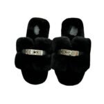 Hermes Shearling Fur Oran Silver Buckle Sandal Black