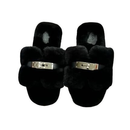 Hermes Shearling Fur Oran Silver Buckle Sandal Black
