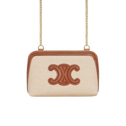 Celine Clutch On Chain Cuir Triomphe In Textile And Calfskin Natural Tan 17Cm