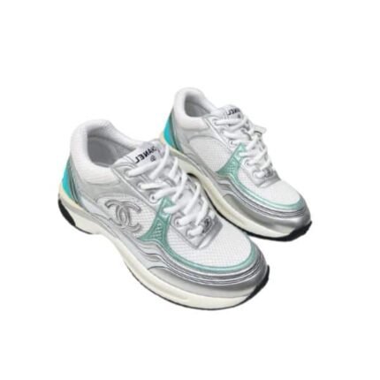 Chanel 23C Silver Metallic Cc Logo Lace Up Flat Runner Trainer Sneaker White Turquoise
