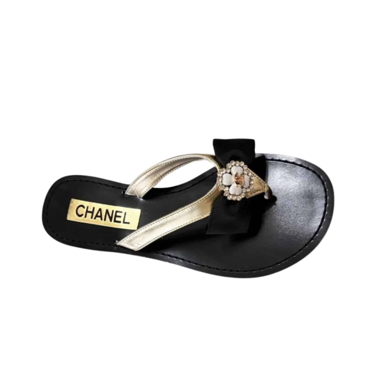 CNSB1-4 Chanel Thong Slide White Camellia Cc Logo Bow Black - Image 1