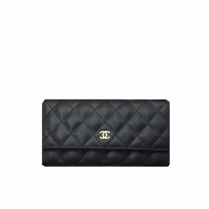 Chanel Long Flap Wallet Caviar Leather Black 19Cm
