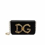 Dolce Gabbana Girls Calf Leather Chain Clutch Black 19Cm