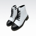 Chanel White Pearl Logo Cc Combat Lace Up Tie Ankle Boots G36209