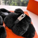 Hermes Shearling Fur Oran Silver Buckle Sandal Black - Image 7