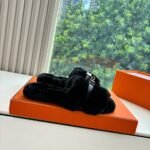Hermes Shearling Fur Oran Silver Buckle Sandal Black - Image 6