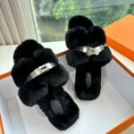 Hermes Shearling Fur Oran Silver Buckle Sandal Black - Image 5