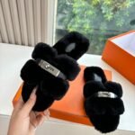 Hermes Shearling Fur Oran Silver Buckle Sandal Black - Image 4