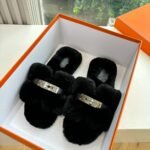 Hermes Shearling Fur Oran Silver Buckle Sandal Black - Image 3