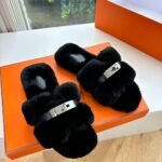 Hermes Shearling Fur Oran Silver Buckle Sandal Black - Image 2
