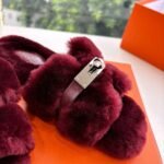 Hermes Shearling Fur Oran Silver Buckle Sandal Wine Red Wool - Image 6